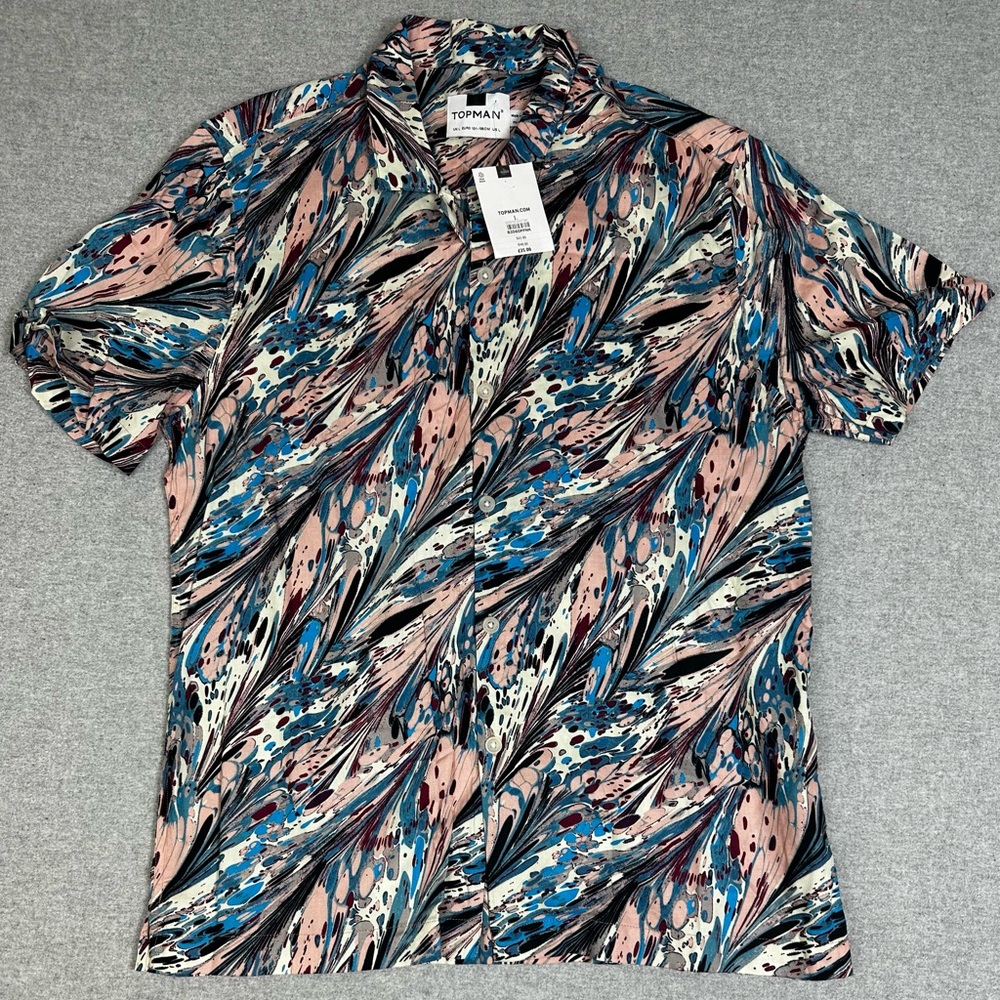 Topman Shirt Mens Large Multicolor Abstract Print Viscose Short Sleeve Button Up